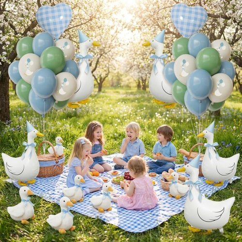 One Silly Goose Birthday Decorations Boy – Goose Balloons with Blue Printed Latex Balloons, Blue Bow & Hats, Cute Baby Boy 1st Birthday Party Supplies