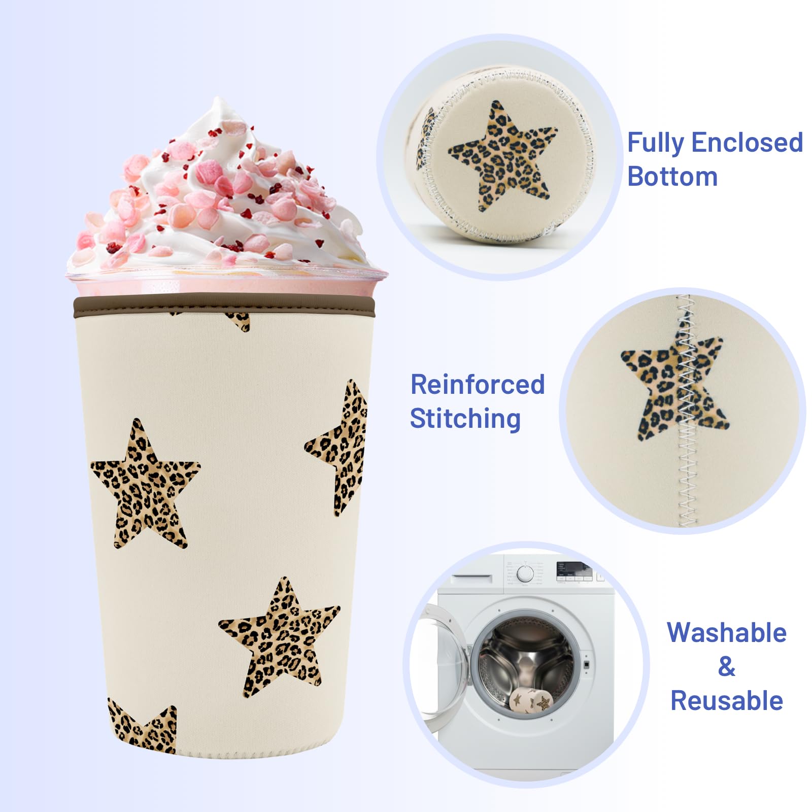 Puresora Iced Coffee Sleeve Reusable Cup Sleeves for Cold Drinks Neoprene Plastic Cup Covers for Drinks, Stars Leopard