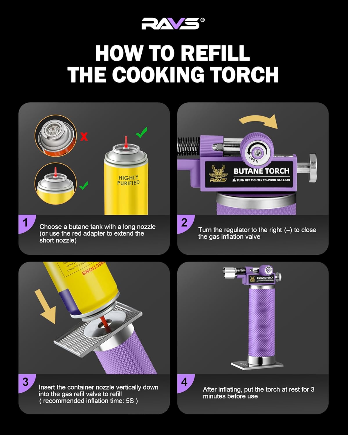 RAVS Butane Torch Lighter - Refillable Kitchen Torch with Adjustable Flame & Safety Buckle - Purple