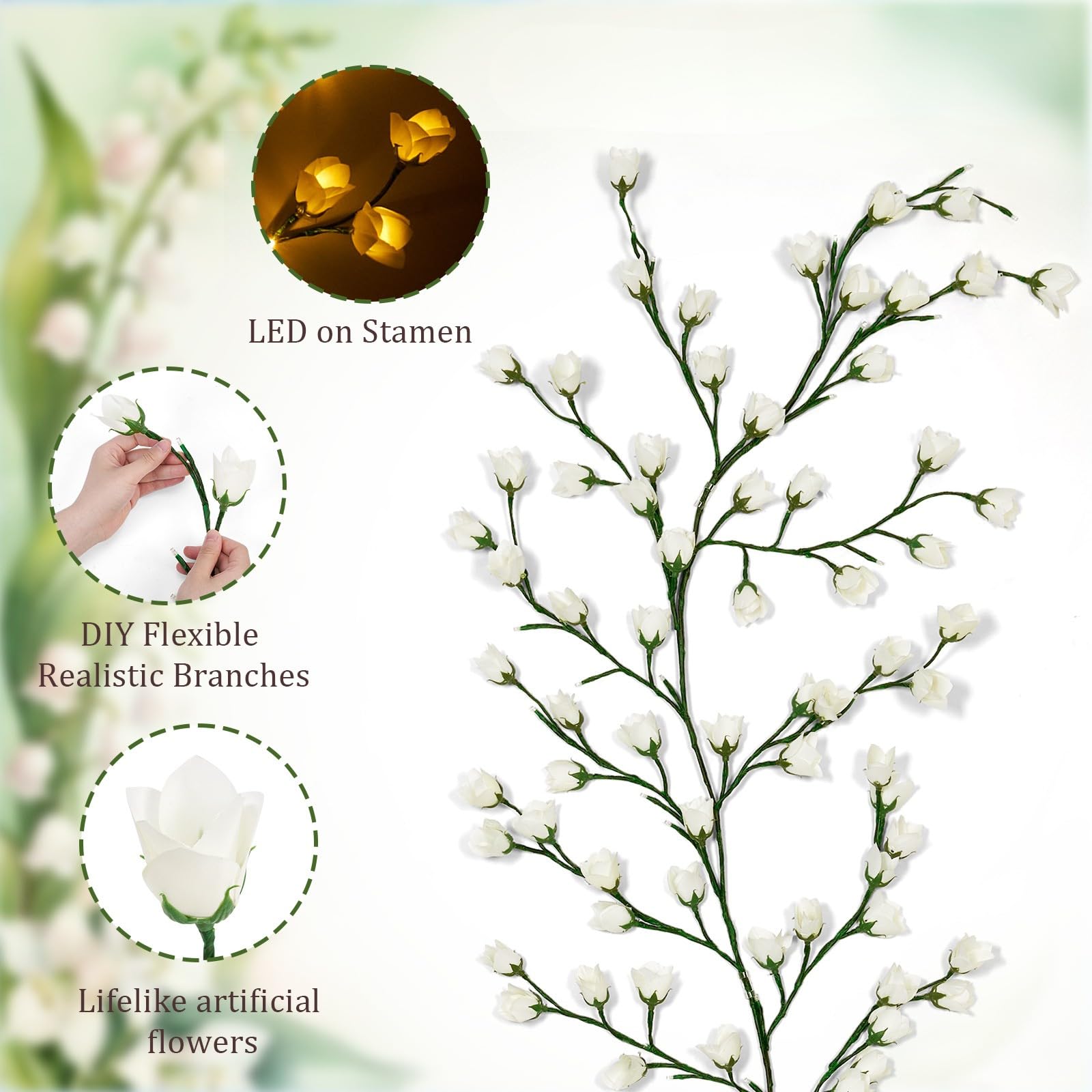 Enchanted Willow Vine Lights with Lily of The Valley Artificial Flowers,4FT 48 LED Tree Branch Lights for Wall,8 Modes Lily of The Valley Lamp with Remote Timer,Christmas Decor for Bedroom Home