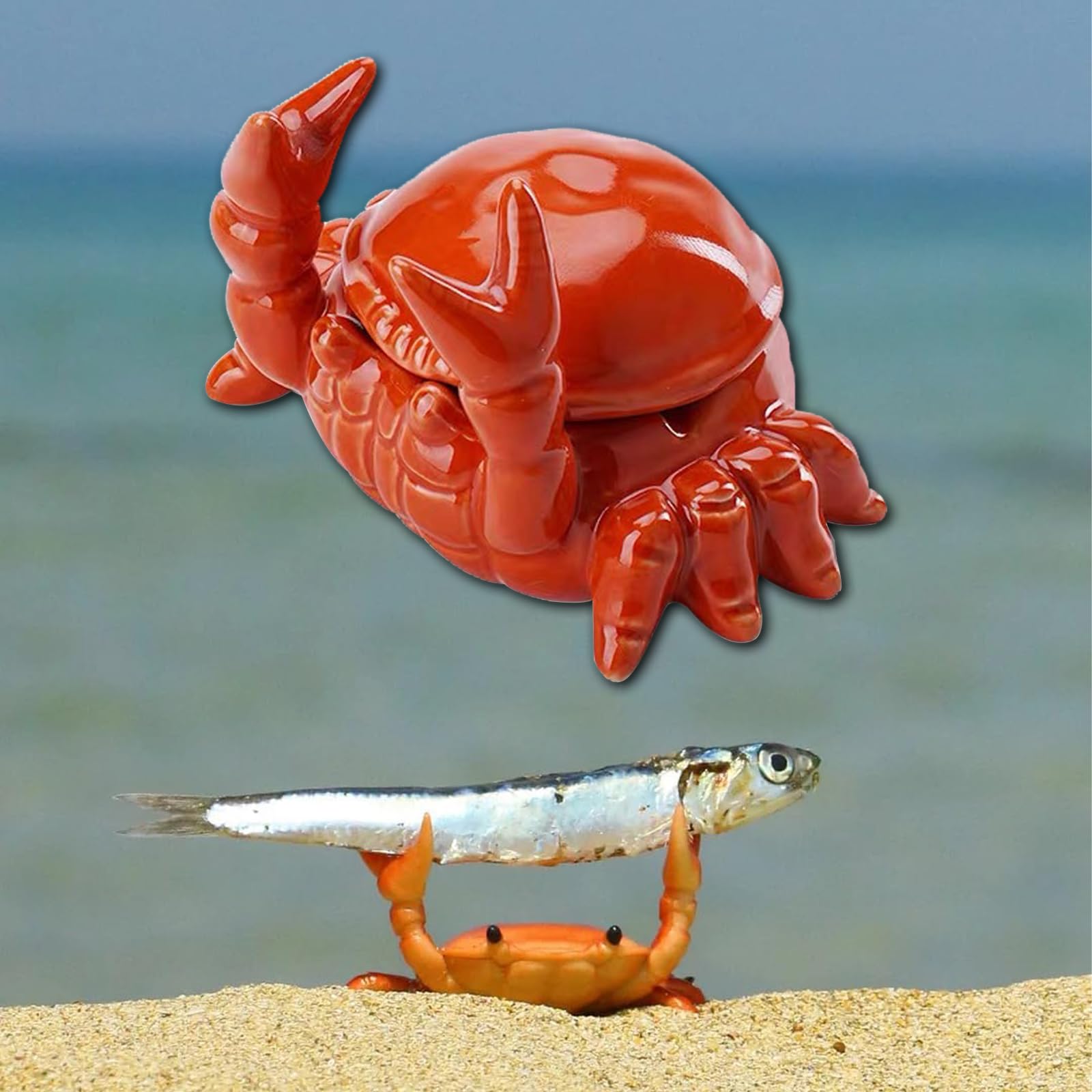 YYFWND Novelty Cool Crab Ashtray with Lid, Ceramic Unique Ash Tary for Cigarette Cigar Pipe, Windproof & Smell Proof for Desk,Living Room,Home Office,Patio,Indoor,Outdoor -Ideal Gift for Men Dad(red)