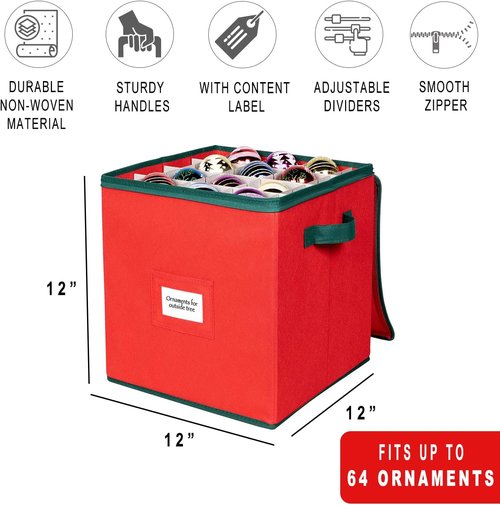 HOLDN’ STORAGE Christmas Ornament Storage Box - Adjustable Compartment for 64 Ornaments | Red 3” x 3”