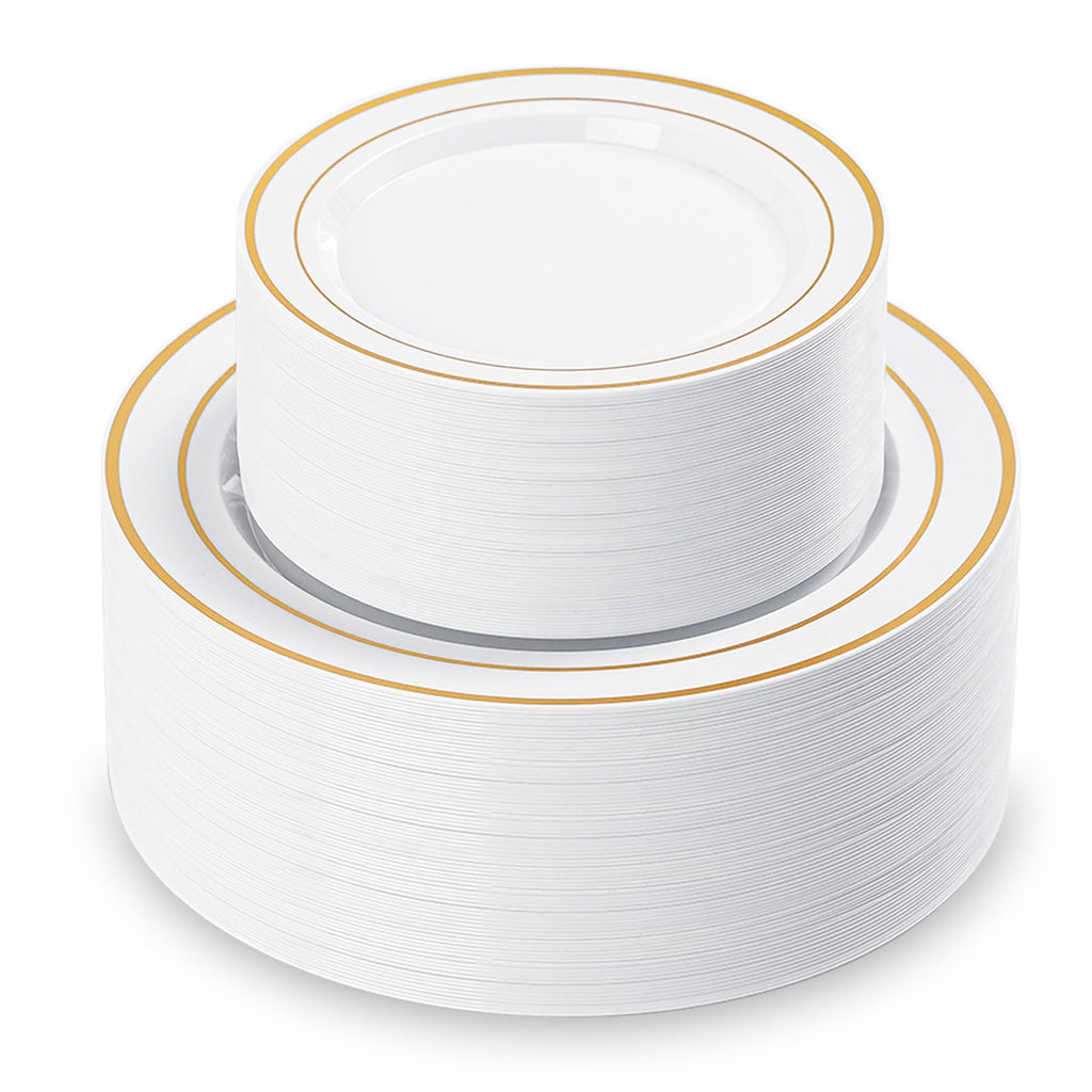 QualQuot 200PCS White Plastic Plates with Gold Rim, Disposable Heavy Duty Plastic Plate, 100 Dinner and 100 Dessert Plates for Party and Wedding