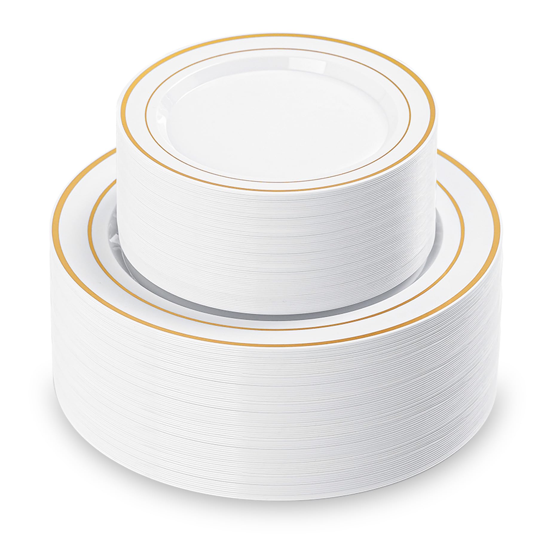 QualQuot 200PCS White Plastic Plates with Gold Rim, Disposable Heavy Duty Plastic Plate, 100 Dinner and 100 Dessert Plates for Party and Wedding