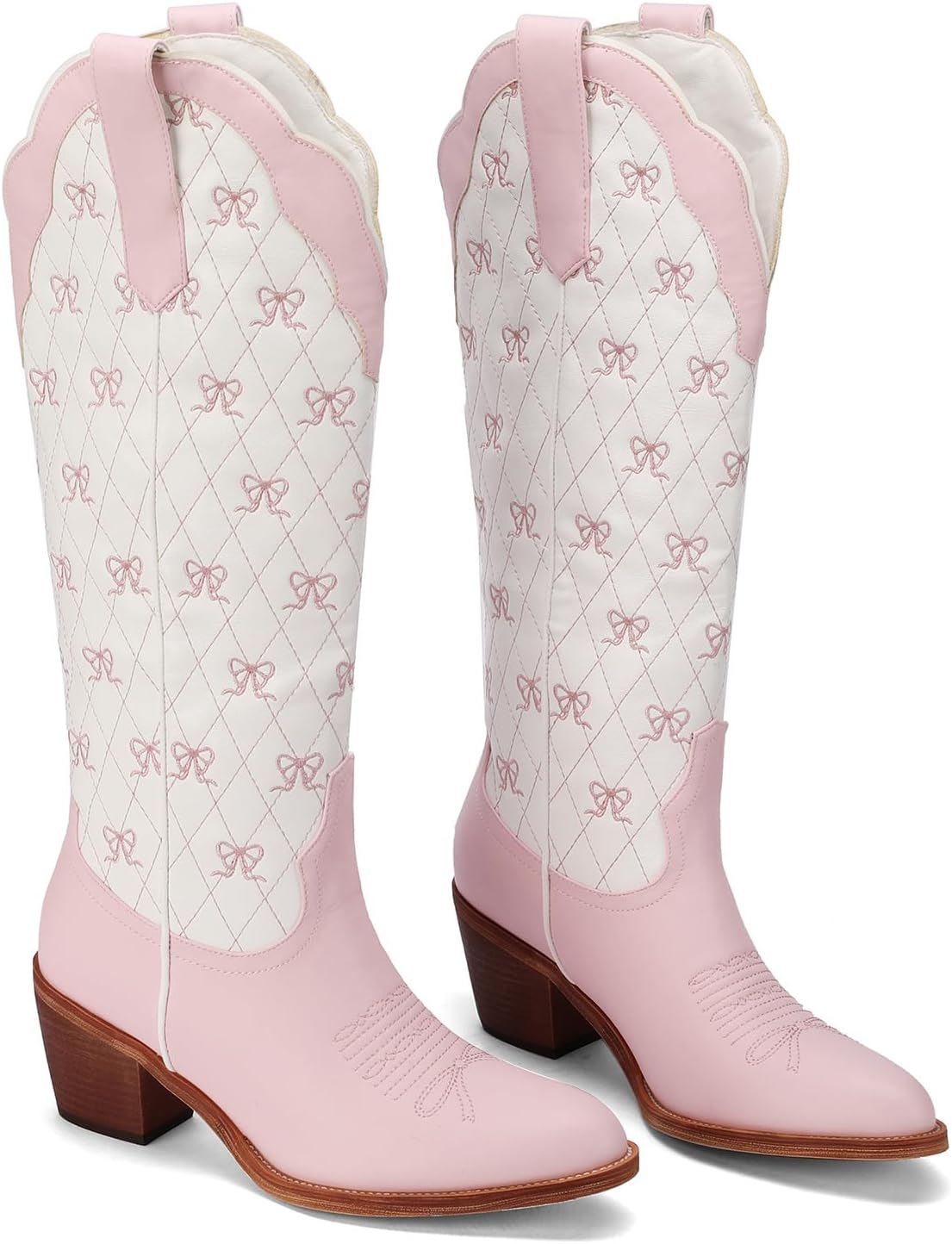 Skiennix Cowboy Boots - Embroidered Knee High Cowgirl Boots with Chunky Heel & Pearl Accent | Dressy Party Style