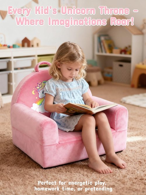 laapee Kids Sofa Chair with Removable Washable Cover & Magic-Tape Backrest Toddler Chair, Cozy Crystal Velvet Furniture for Playtime, Naps & Travel (Soft Pink, Unicorn Design)