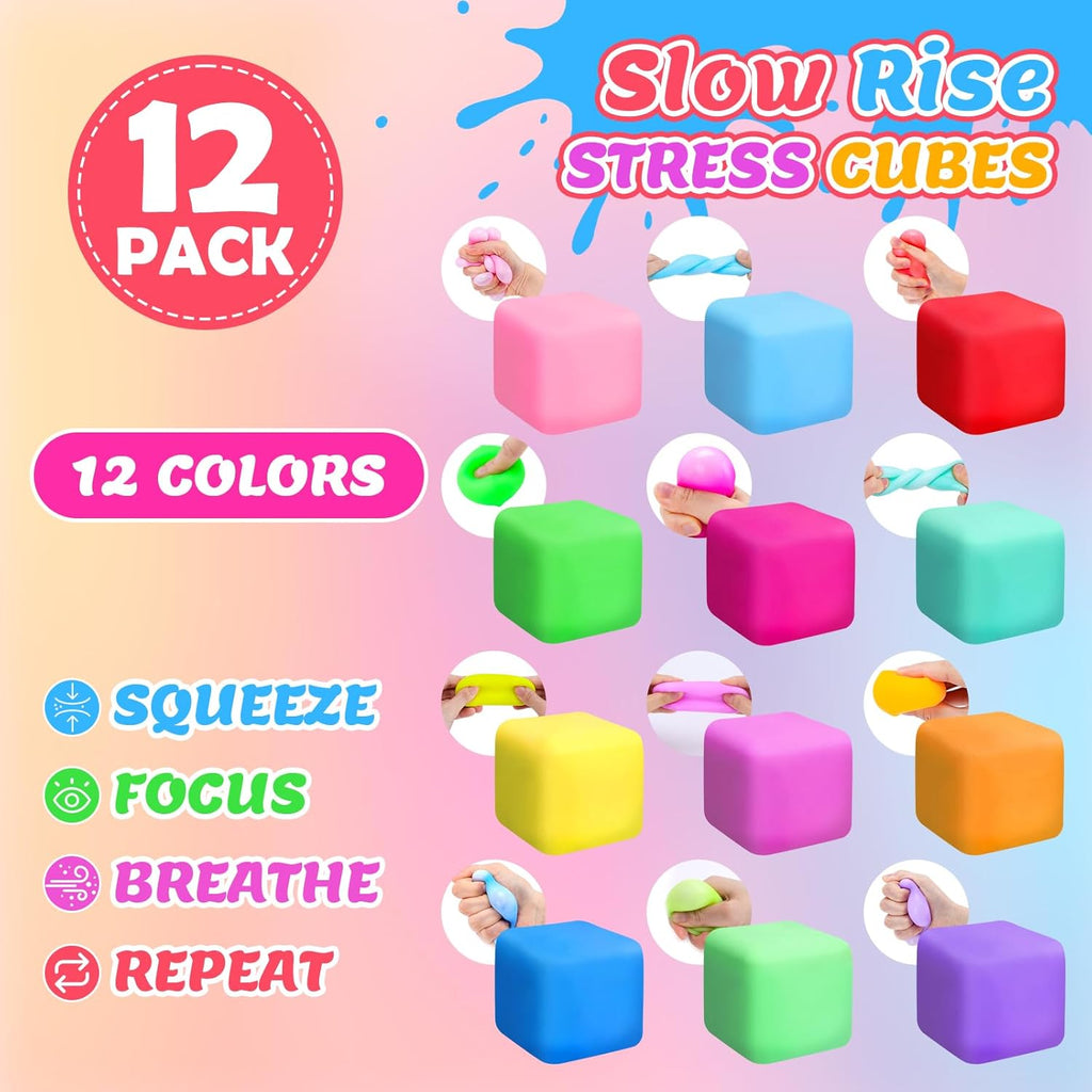 Skiennix 12 Pack Slow Rising Stress Cubes - Soft Squishy Fidget Toys for Anxiety Relief | Perfect for Kids & Adults
