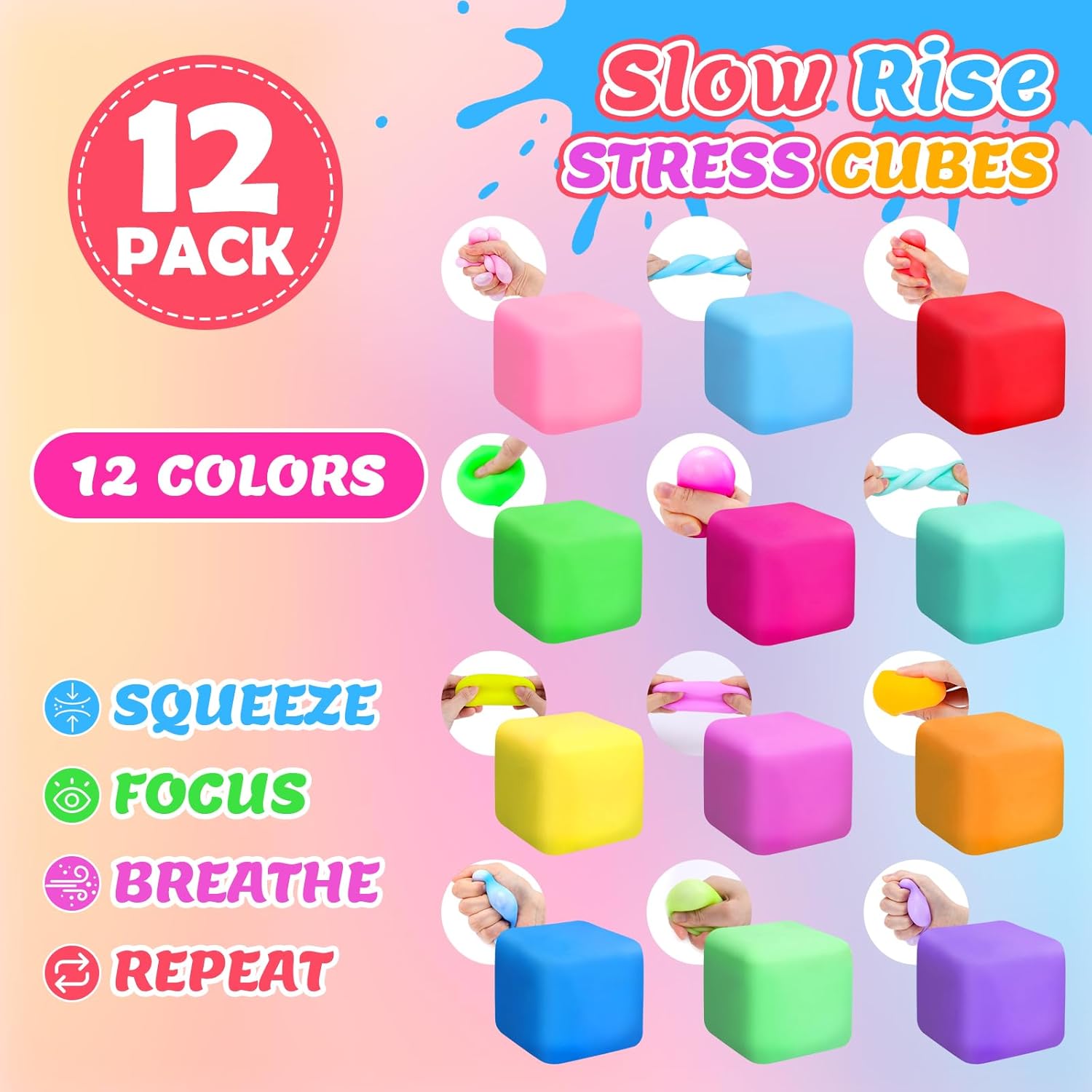 Skiennix 12 Pack Slow Rising Stress Cubes - Soft Squishy Fidget Toys for Anxiety Relief | Perfect for Kids & Adults