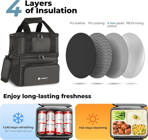 Insulated Lunch Box - Double Deck Leakproof Cooler Bag for Work & Travel | Large 15L Black
