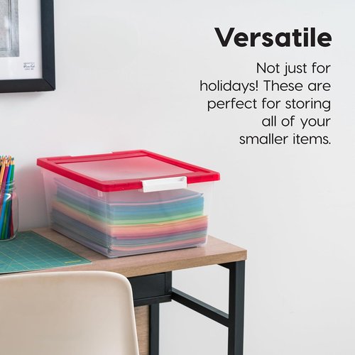 IRIS USA 12 Qt. Plastic Storage Bins - Stackable Organizing Containers with Lids | Clear/Red, 4 Pack