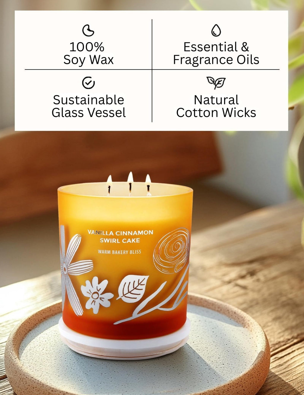 Vanilla Cinnamon Swirl Cake Candle, 14.5oz Large 3-Wick Soy Scented Candles for Home, Warm Bakery Scent, Long Lasting Aromatherapy Candle, Gift for Women & Men