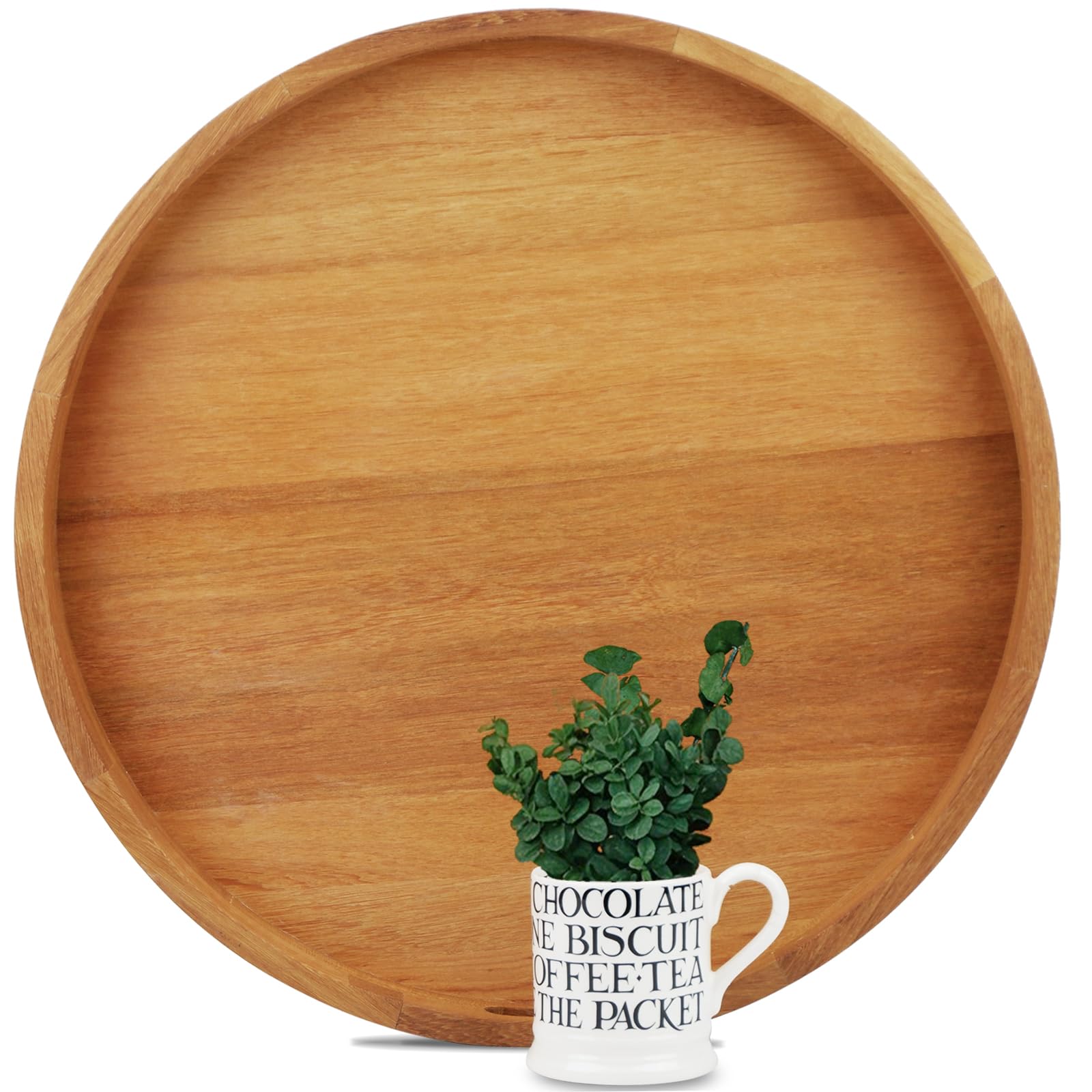 MAGIGO 20 Inches Extra Large Round Teak Wood Ottoman Tray with Handles, Serve Tea, Coffee Classic Wooden Decorative Serving Tray