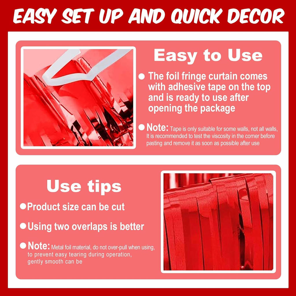 Red Foil Fringe Curtains by [Brand Name] - 3 Pack Metallic Streamers for Photo Booth & Party Decor | 3.28 x 8.2 Ft
