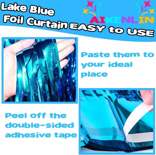 Lake Blue Foil Fringe Curtain Backdrop by [Brand Name] - 4 Pack Metallic Tinsel Streamers | 3.2Ft x 9.8Ft for Parties, Weddings, and Events