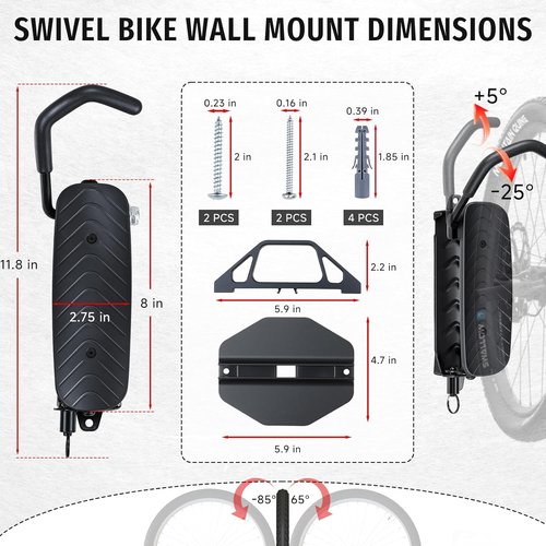 BYHUME Bike Rack | Space-Saving Vertical Wall Mount with 150° Swivel - Holds Up to 66lbs, 2 Pack