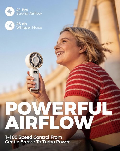 Diveblues Portable Turbo Fan - 100 Speed Handheld Fan with Strong Airflow | Foldable 4-in-1 Design for Neck, Desk & Travel, USB-C Rechargeable
