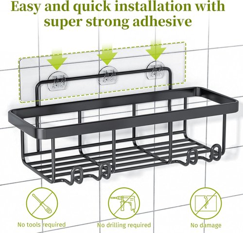 Adhesive Shower Caddy - 5 Pack Rustproof Stainless Steel Bathroom Organizers | Large Capacity, No Drilling, Black