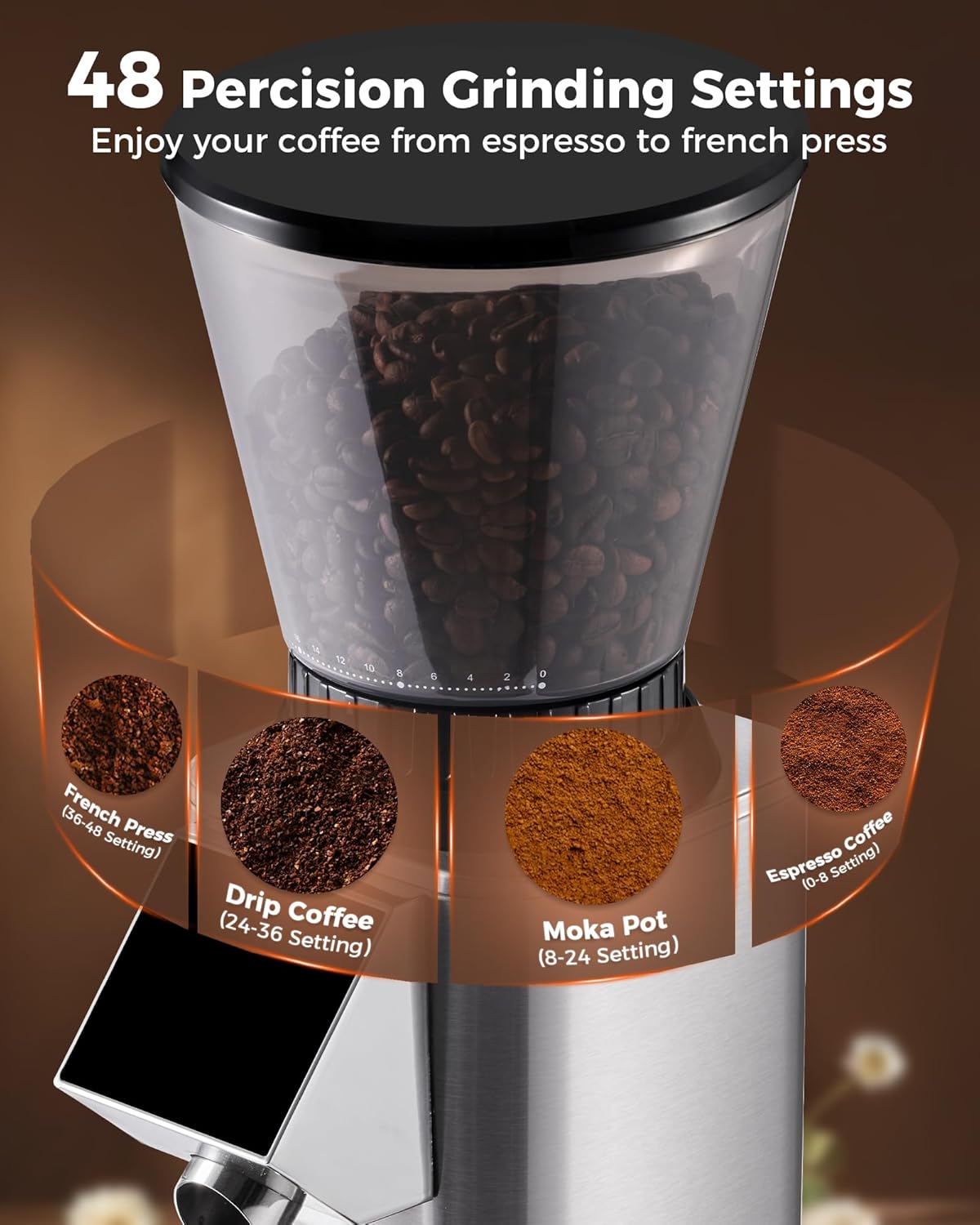 Tuni G1 Coffee Grinder - Precision Conical Burr Mill with 48 Grind Settings & LED Touchscreen - Stainless Steel Silver