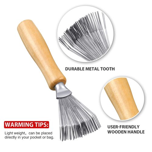 Boao Hair Brush Cleaning Tool - Mini Comb for Dust Removal | Polished Wooden Handle (Black/Wood Color)