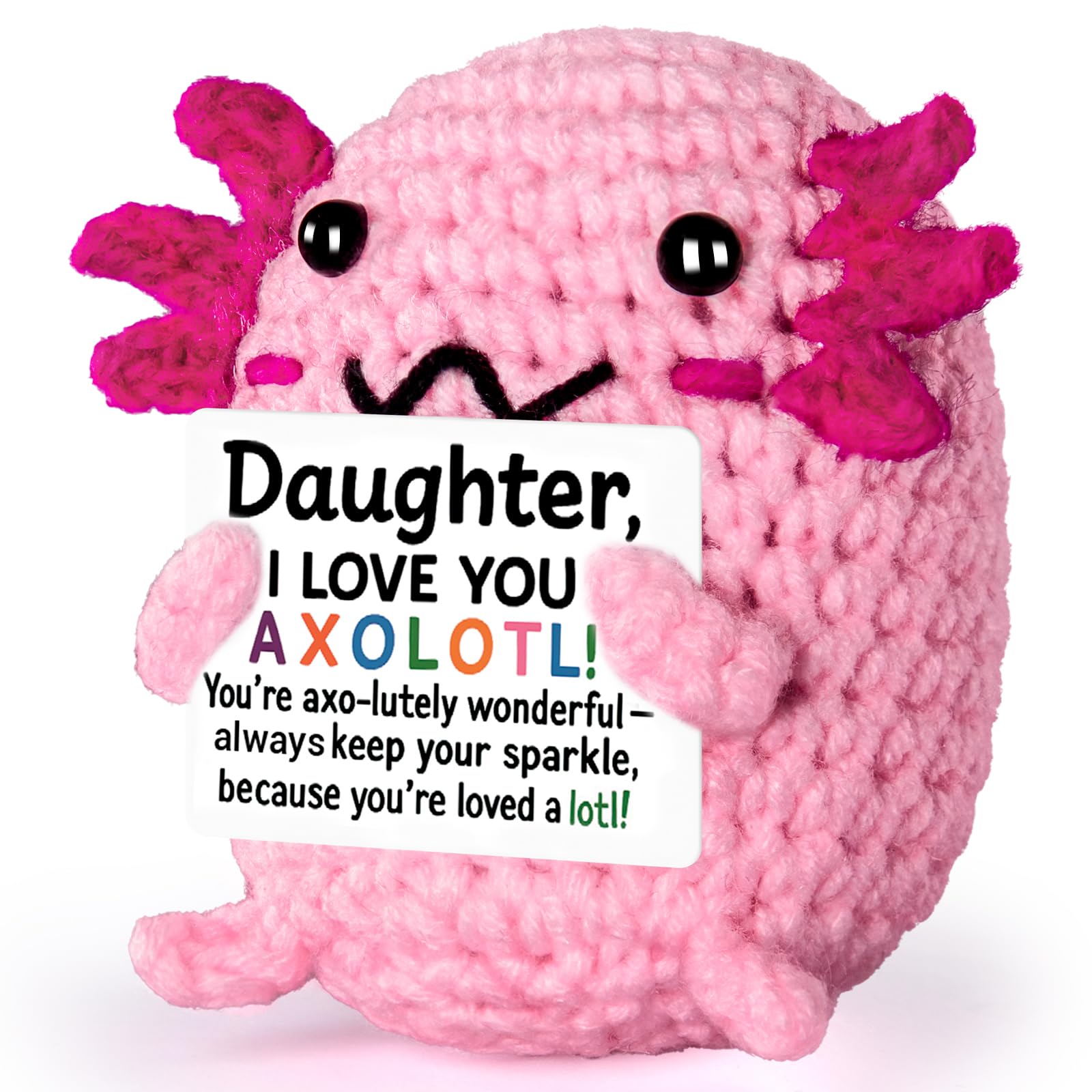 FliipFlaap Positive Crochet Animal Axolotl for Daughter – Cute Handmade Encouragement & Emotional Support Gift from Mom or Dad, Birthday Keepsake Decor, Loving Reminder for Girls