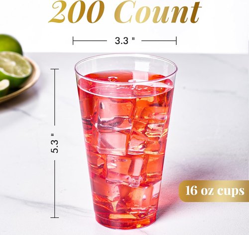 FOCUSLINE 16 oz Clear Plastic Cups - 200 Pack Heavy-Duty Disposable Party Cups for Events