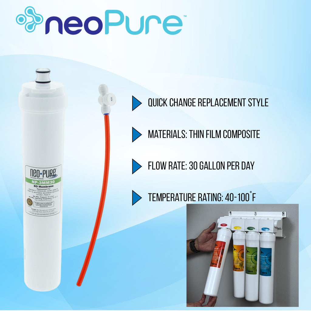 Neo-Pure NP-3MM30 SQC Compatible Membrane 30GPD Replaces the Water Factory Systems 66-4706G2 Filter Cartridge, used in the Water Factory Systems SQC3 and SQC4 RO Systems. (Compatible Membrane, 30 GPD)