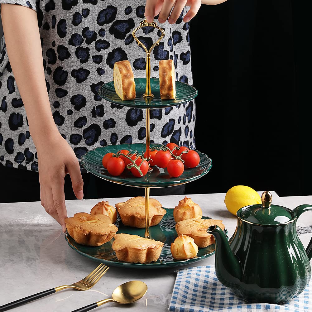 Sweejar Porcelain Tea Sets British Royal Series and 3 Tier Ceramic Cake Stand(Jade)