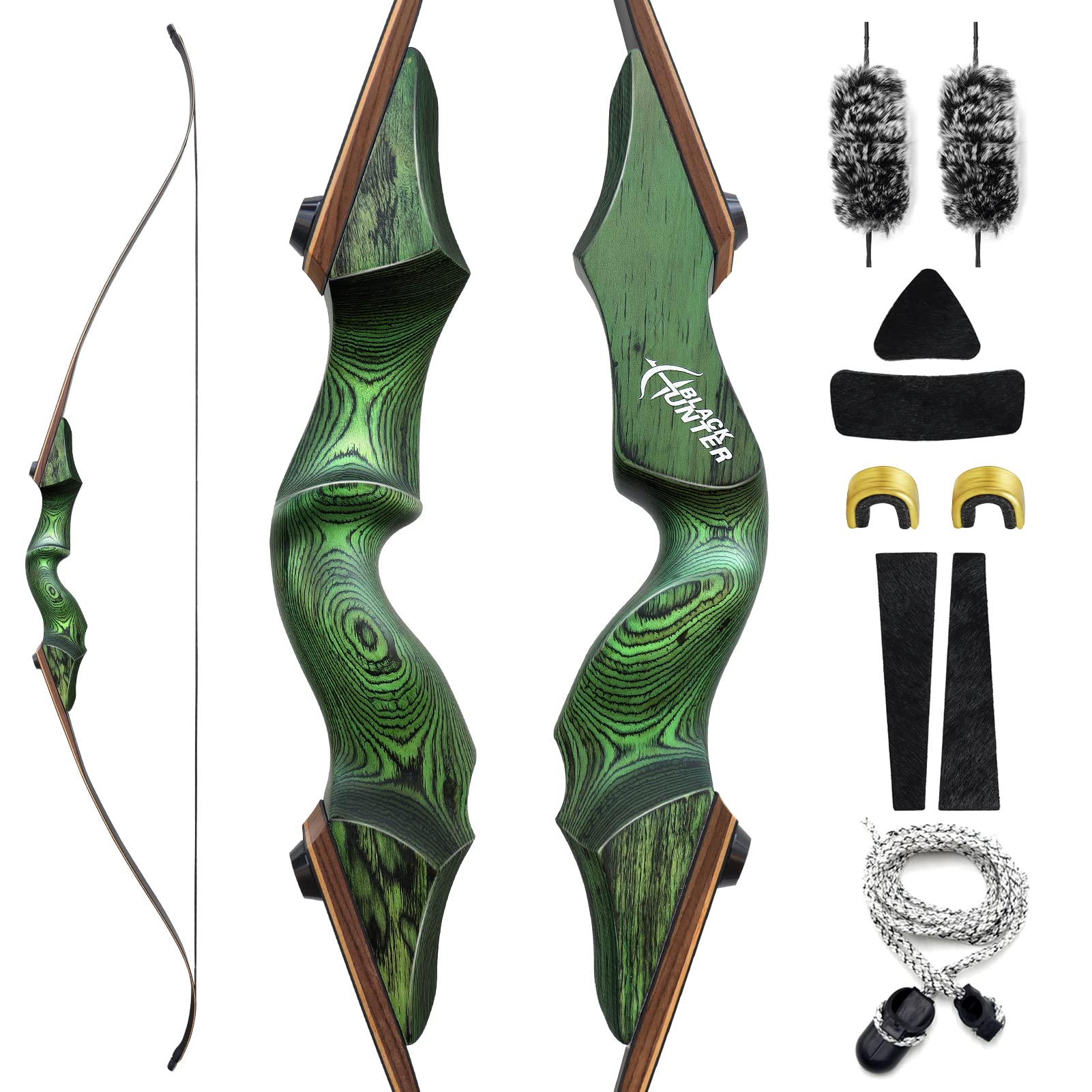 60 Inch Black Hunter Recurve Bow 20-60lbs Right Hand Archery Bow Wooden Riser Practice Bow with Bow Stringer for Adults Beginner Hunting Shooting (25LBS)