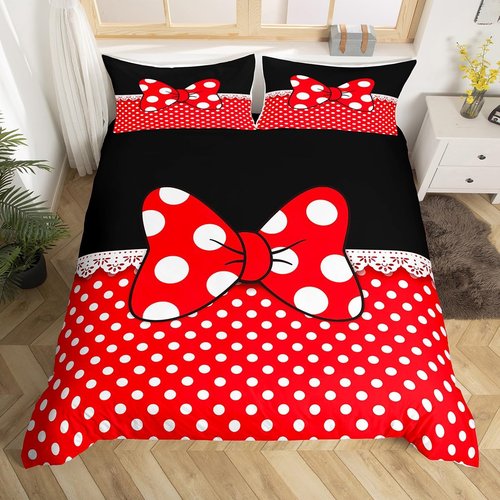 Homewish Bowknot Duvet Cover Set King Size,White Dots Bedding Set 3pcs for Kids Teens Girls Boys Room Decor, Romantic Princess Style Comforter Cover Red and Black Quilt Cover with 2 Pillowcases