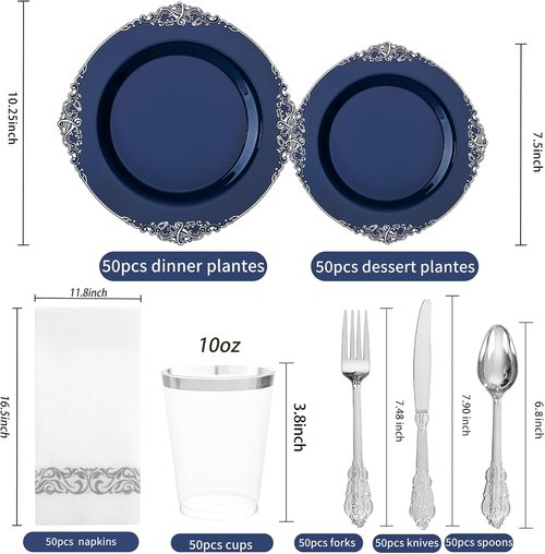 Hioasis 350-Piece Blue and Silver Party Plates Set - Heavy-Duty Plates, Cutlery, Cups & Napkins for 50 Guests