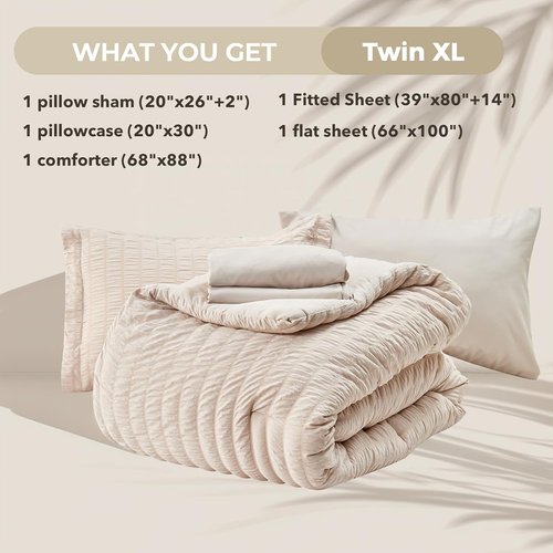 HYMOKEGE Twin XL Comforter Set - 5-Piece Seersucker Bedding Set for All-Season Luxury | Beige