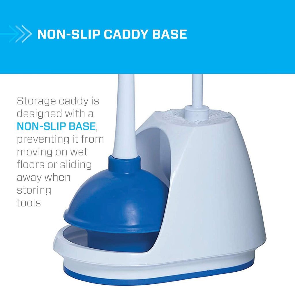 Mr. Clean Toilet Plunger and Bowl Brush Combo with Caddy, 3-Piece Heavy-Duty Plunger, Toilet Brush, and Caddy Set, White/Blue