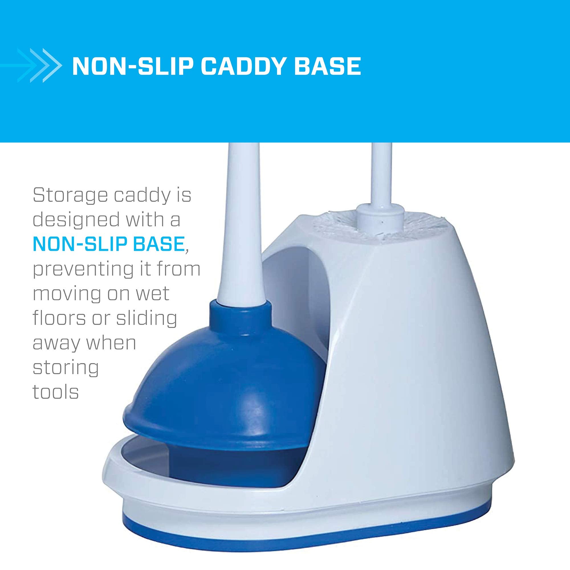 Mr. Clean Toilet Plunger and Bowl Brush Combo with Caddy, 3-Piece Heavy-Duty Plunger, Toilet Brush, and Caddy Set, White/Blue