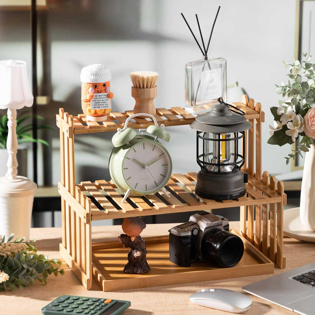 Kathfly 14.6" 2-tier Matcha Station Shelf Stand with 13" Bamboo Matcha Tea Serving Tray Coffee Station Organizer Coffee Bar Storage Rack Mug Holder Countertop for Desktop Flower Pot Cup(Bamboo Color)