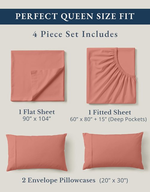 **LANE LINEN 100% Organic Cotton Queen Sheets - Eco-Friendly Mercerized Bedding Set in Rose Dawn**