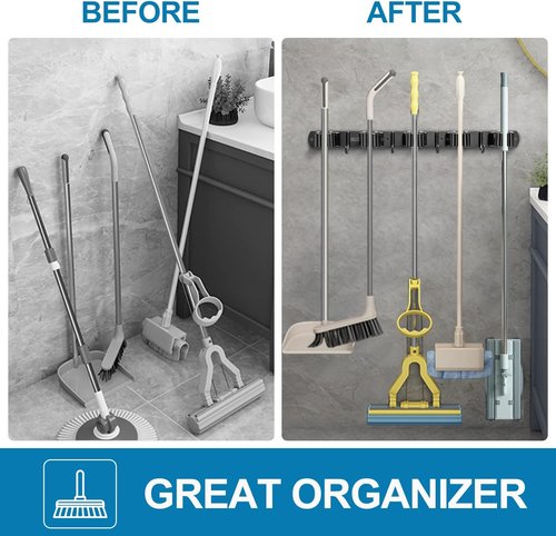 IMILLET Wall-Mounted Broom and Mop Holder - Heavy-Duty Stainless Steel Organizer with 5 Racks & 4 Hooks