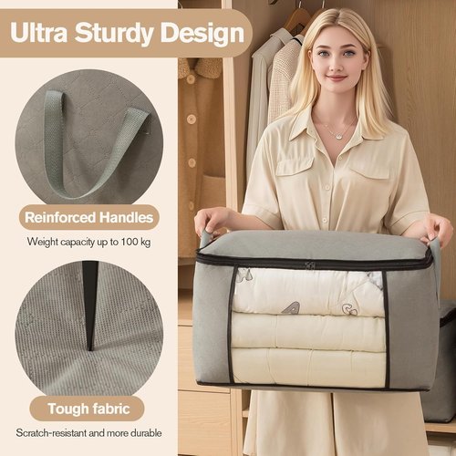 Large Storage Bags - Closet Organizers with Lids | Foldable Containers for Clothing & Bedding (4 Pack, 90L)