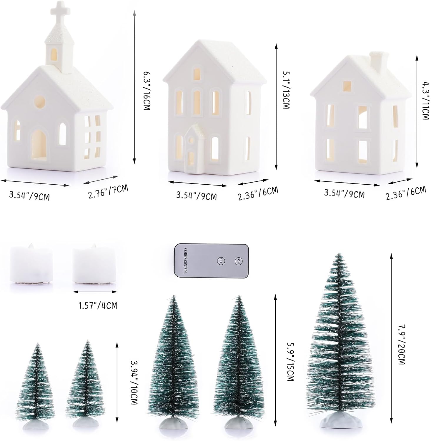 Skiennix 9-Pc Christmas Village Figurines Set - Lighted Ceramic Houses & Trees | Rustic Holiday Decor