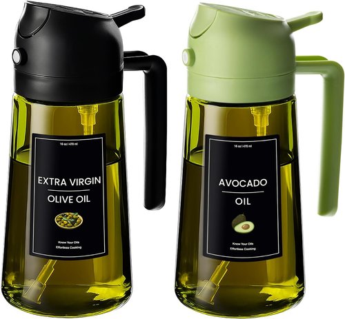 CXINYI - 16oz Olive Oil Dispenser with Stickers | 2-in-1 Sprayer for Cooking & Salad, Black & Green