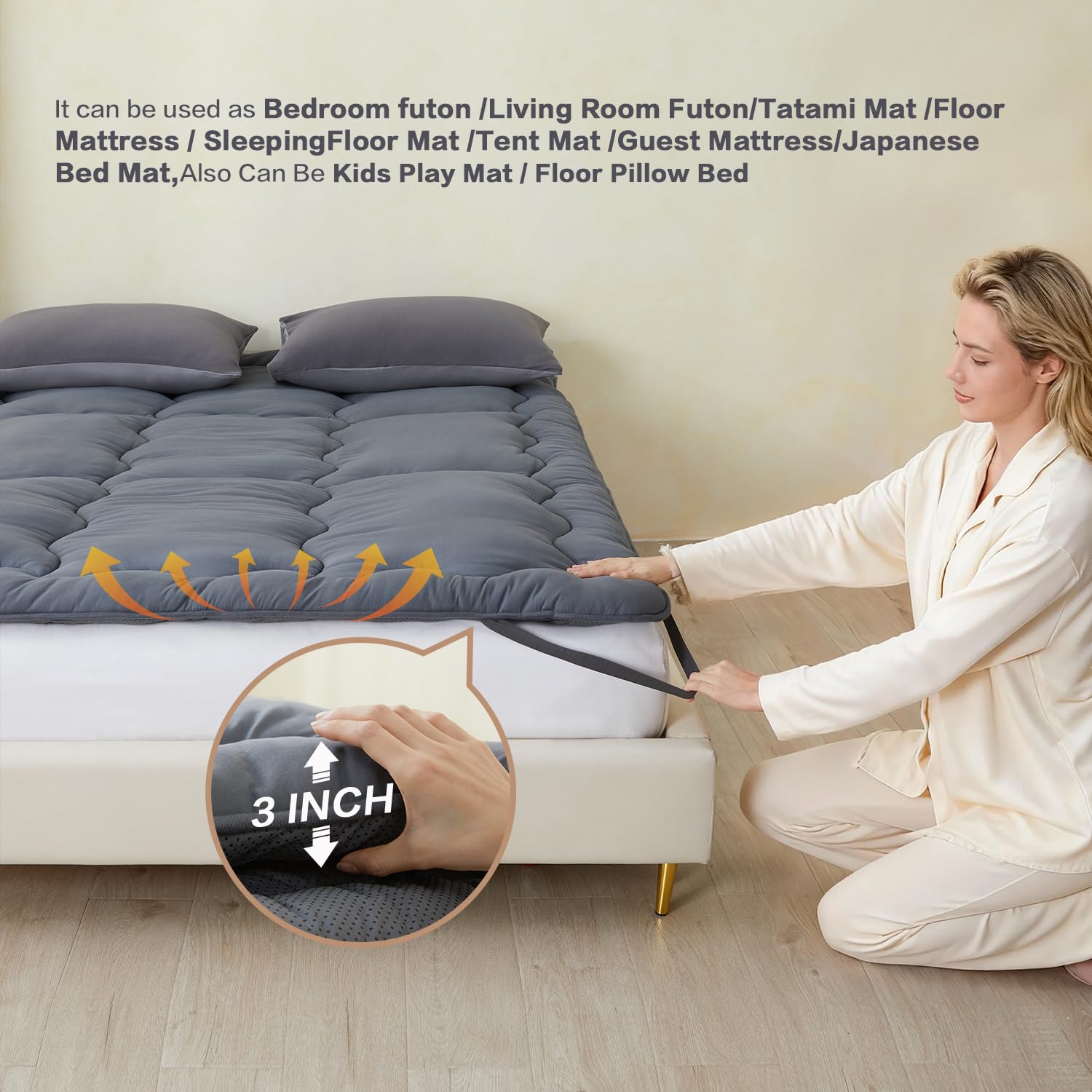 SAPHREAS Japanese Futon Mattress Floor Mattress Twin, Foldable Roll Up Bed Mattress Topper with Elastic Straps, Tatami Mat Sleeping Pad for Camping, Grey