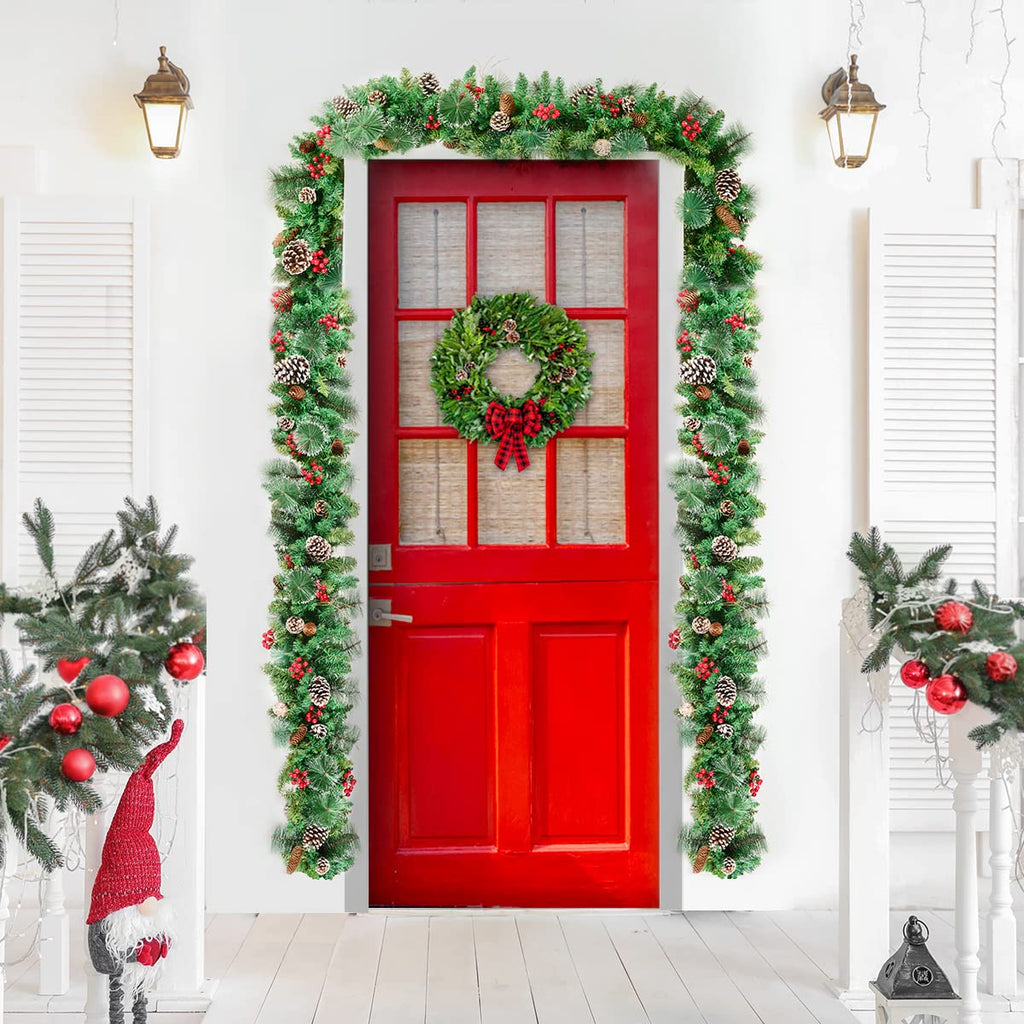 TigeJoy 9FT Luxury Prelit Christmas Garland with Warm White LED Timer Lights, Snow Cedar Garland with Red Berries, Mixed Pinecones, 8 Modes 3AA Battery Operated Xmas Decor for Fireplace Doorway Porch
