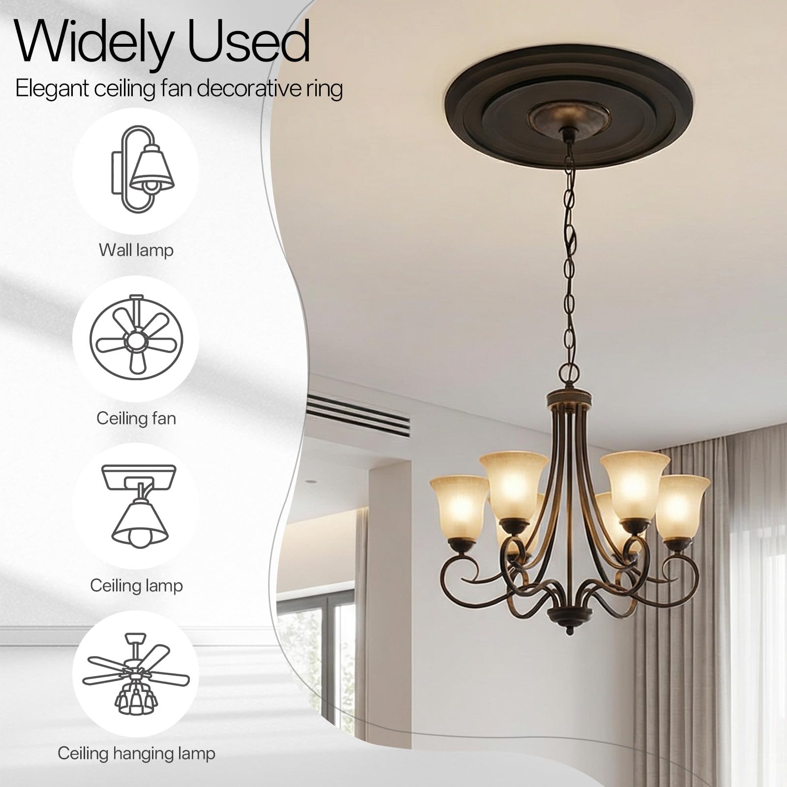 Yuanan Ceiling Medallions for Light Fixtures, 12.2" OD X 3.9" ID PU Ceiling Light Medallion Black Ceilings Fan Cover Medallion for Lights Fixture Ceilings Lights Cover Plate for Fixtures Fans