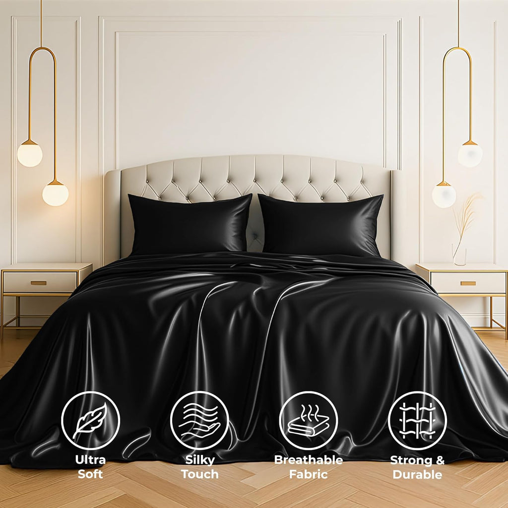 Pure Bedding Satin Sheets - Luxury Silky 4-Piece Queen Set in Black | Extra Soft 1800 Microfiber, Deep Pocket Design