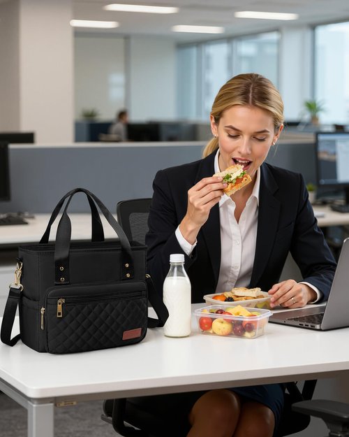 HOTOR Lunch Box for Women - Insulated Lunch Bag with Multiple Pockets, Portable Lunch Tote & Cooler with Handles & Adjustable Strap for Work, Picnic, Short Trip, 11.0" x 5.5" x 8.7", Black