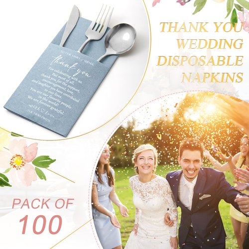 Qilery 100 Plain Thank You Wedding Napkins Cocktail Napkins Newlyweds to Family Friends Guests with Built in Flatware Pocket Tissues Bridal Shower Rehearsal Dinner Party Supply(Haze Blue)