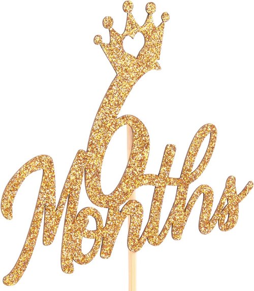 Gold Glittery Cake Topper by [Brand Name] - Perfect for Baby's 6-Month Birthday Celebration | Elegant Half-Year Decor