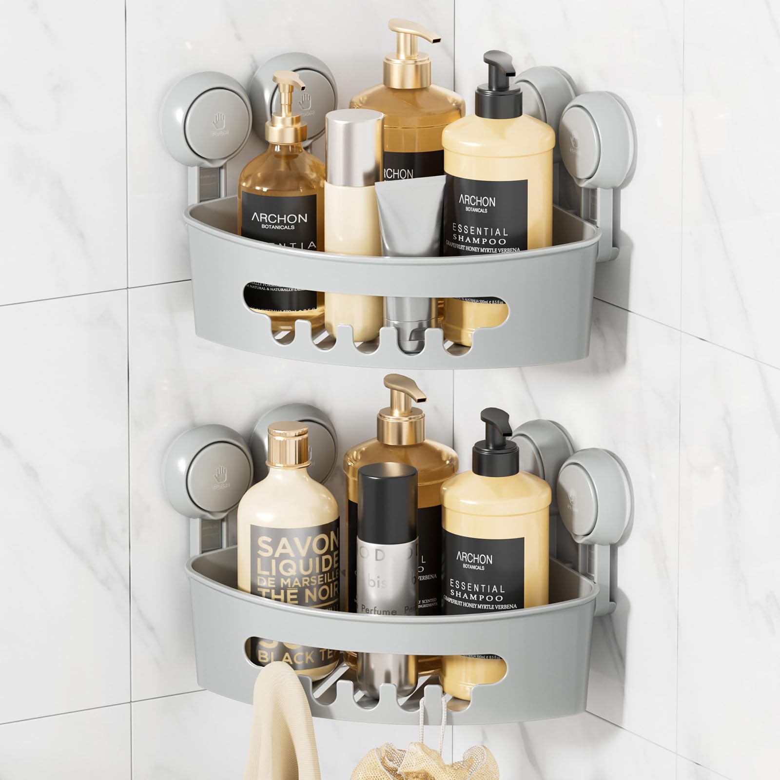 LEVERLOC Corner Shower Caddy Suction Cup, shower shelves suction cup, 2 Pack Basket Powerful Bathroom, Waterproof & Oil-proof Organizer for Kitchen, No-Drilling Removable (Grey)