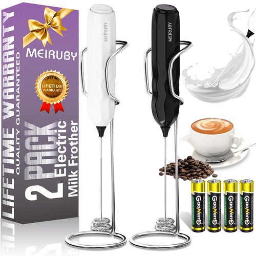 MEIRUBY 2-Pack Milk Frother Handheld with Stand, Valentines Day Gifts for Him and Her, Powerful Electric Coffee Frother, Coffee Lover Gift for Lattes, Cappuccino, Matcha & Hot Chocolate, Black/White