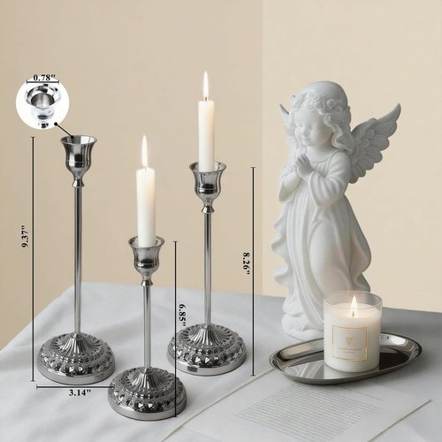 BEAHOT Silver Candle Holders - Set of 6 Elegant Non-Slip Holders with Matching Snuffer for Home Decor