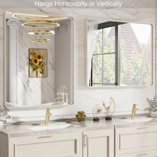 LOAAO Brushed Nickel Bathroom Mirror - 28X36 Inch Rounded Rectangle Design | Anti-Rust & Shatterproof